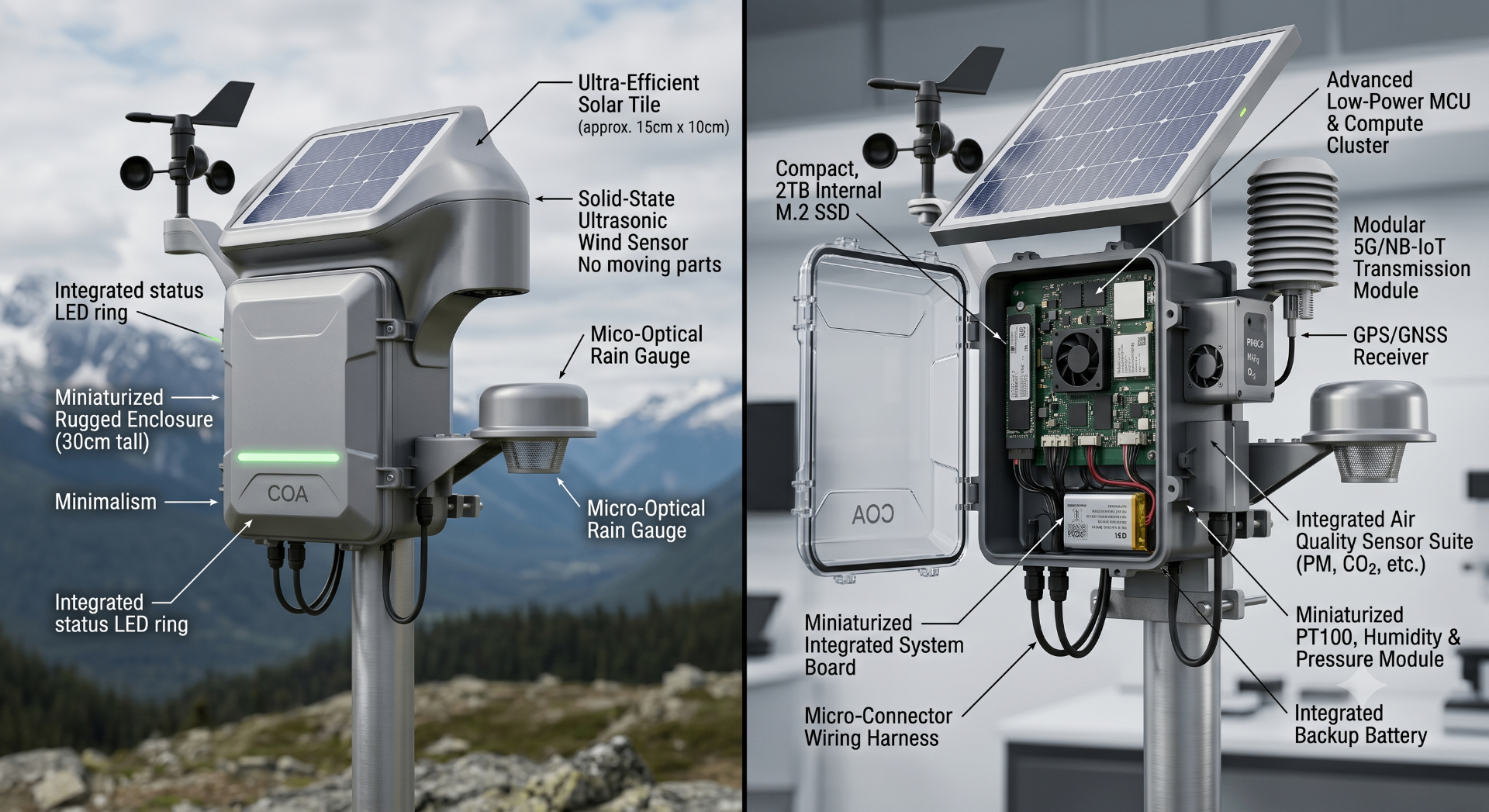 ArchipelAI Sentinel S1 climate sensor mounted in the field, alongside an exploded interior view